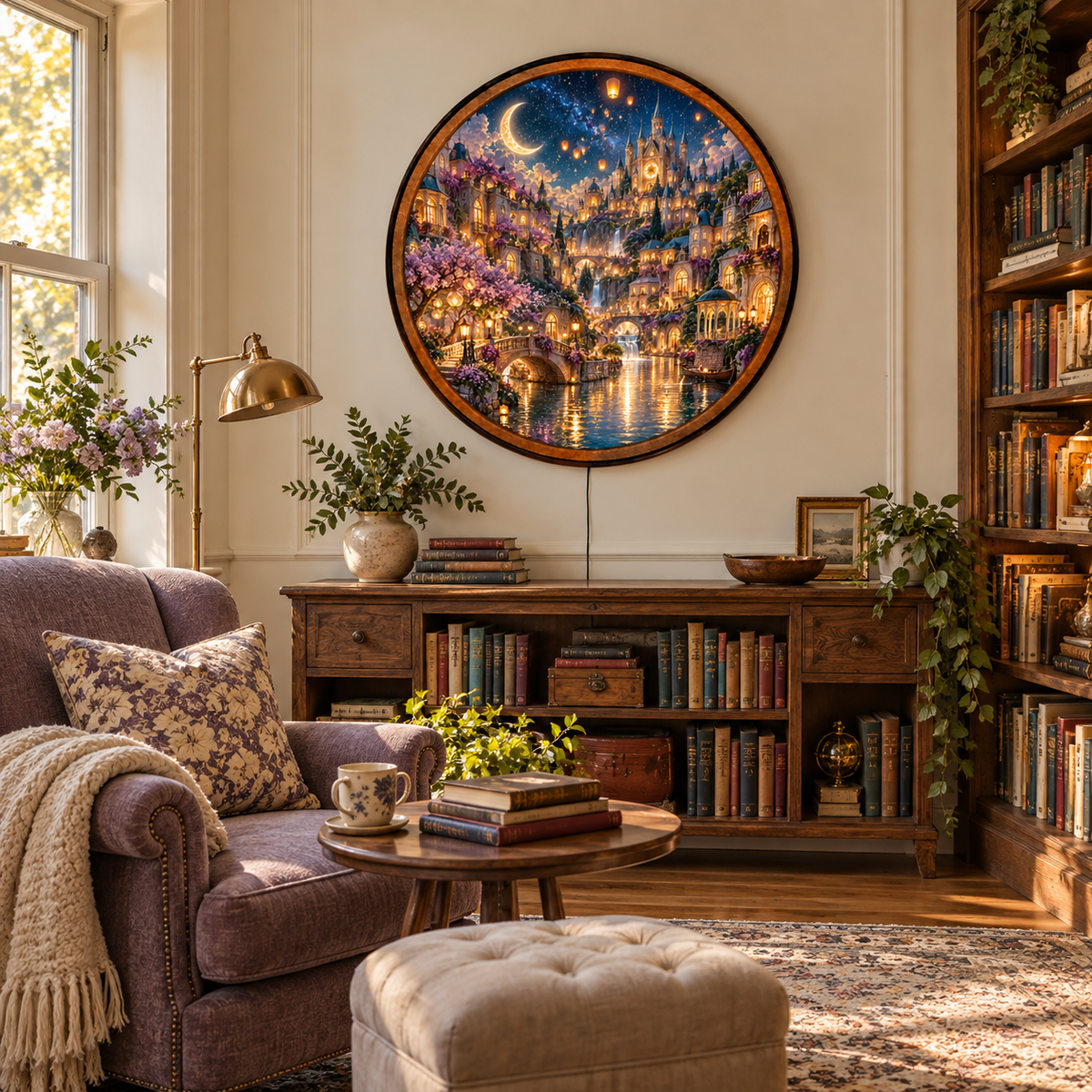 Enchanted Moonlight Kingdom – Handcrafted Round LED Wall Art