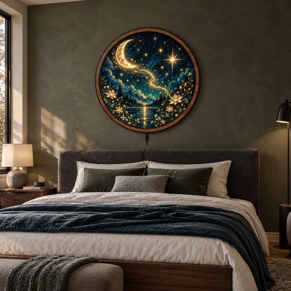 Celestial Moonlight Garden LED Wall Art – Golden Starry Night