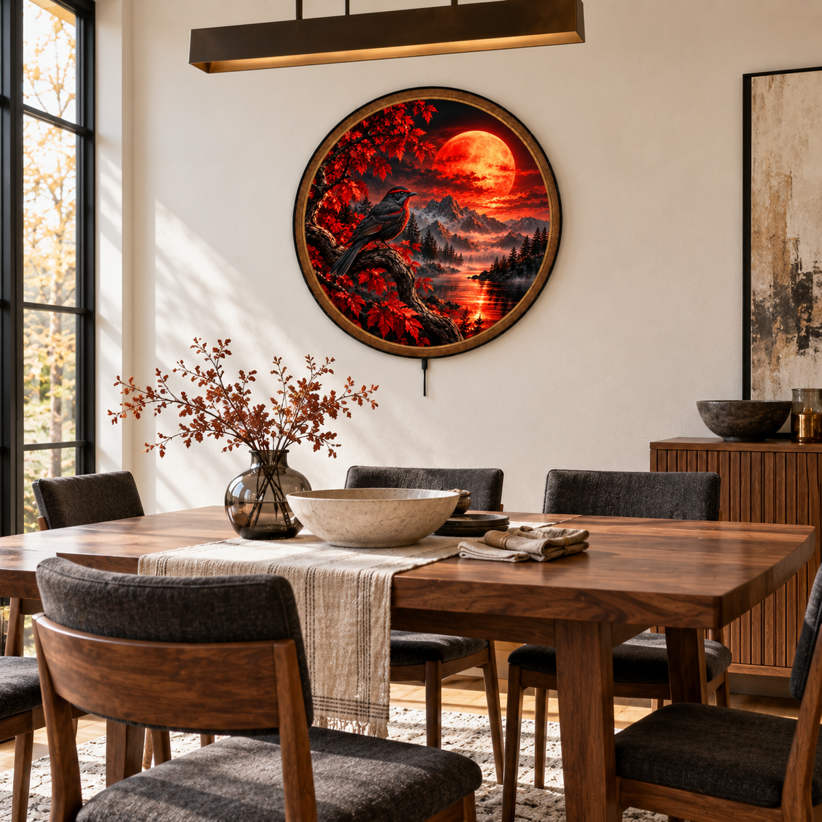 Crimson Moon Songbird Mountain Circular LED Wall Art
