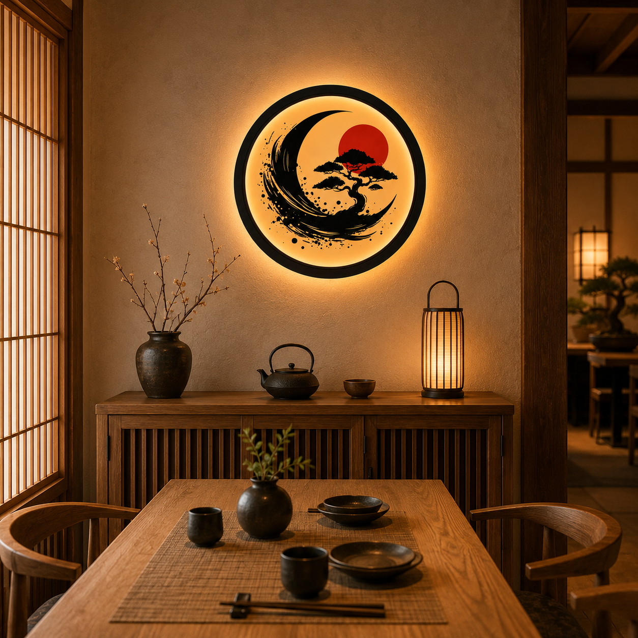 Wood Carved Japanese Bonsai Moon LED Wall Lamp | Zen Sumi-e Style Night Light