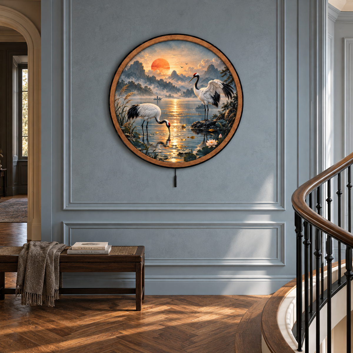 Red-Crowned Crane Sunset LED Wall Art – Serene Mountain Lake