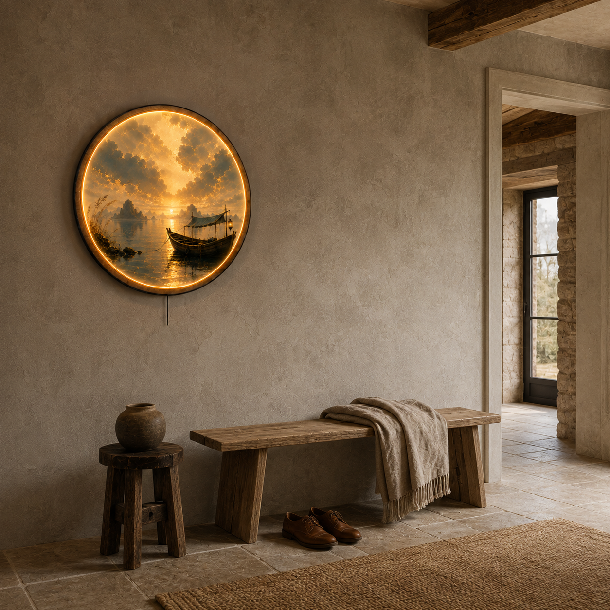 Golden Harbor Boat LED Wall Art – Round Sunset Lake Decor