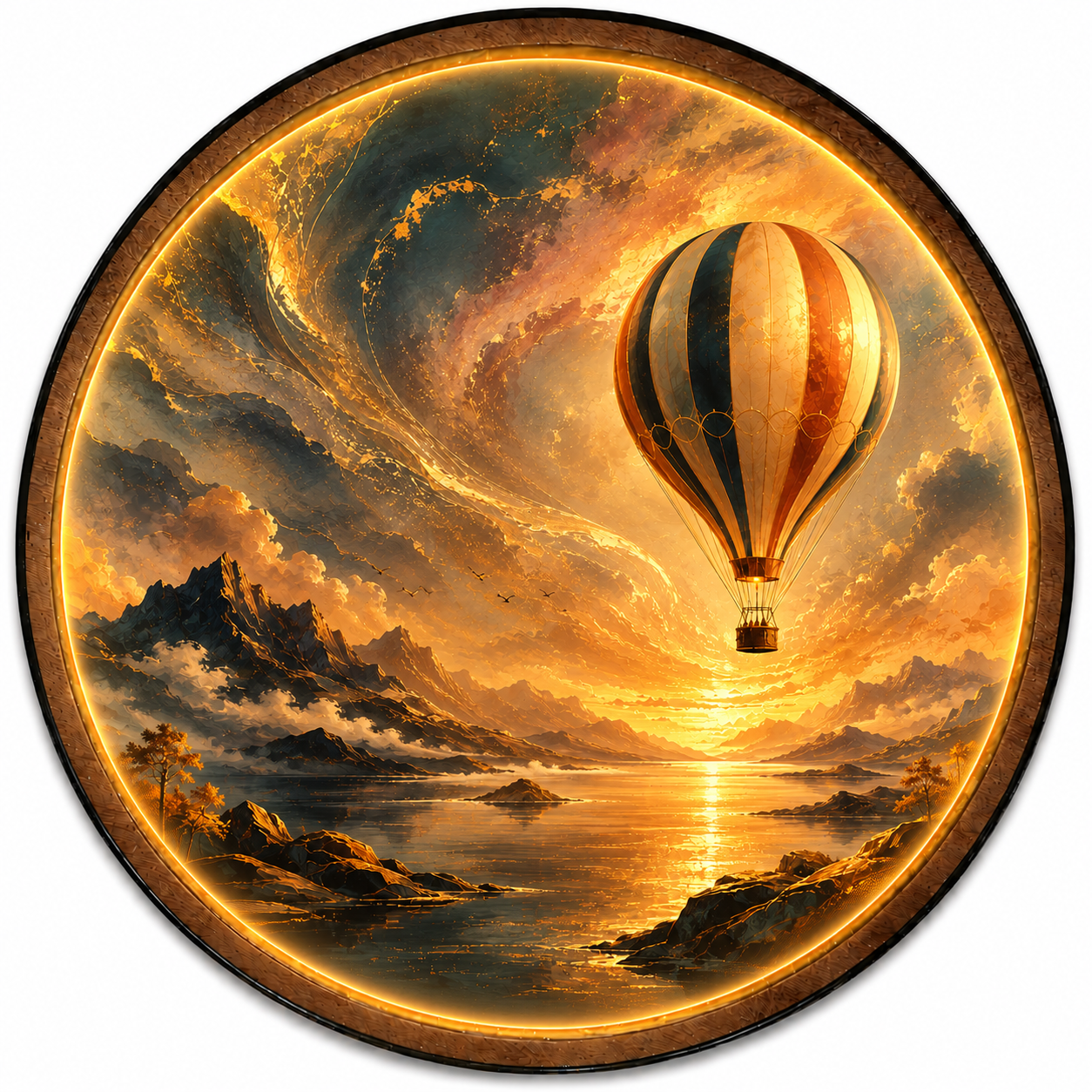 Golden Voyage Hot Air Balloon LED Wall Art – Round Scenic Decor