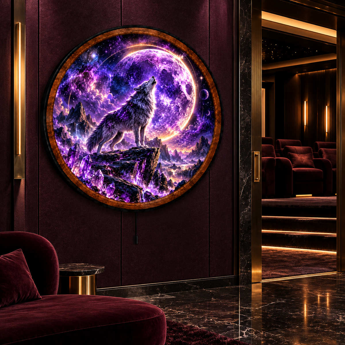 Handcrafted LED Wall Art | Purple Moon Wolf Decor