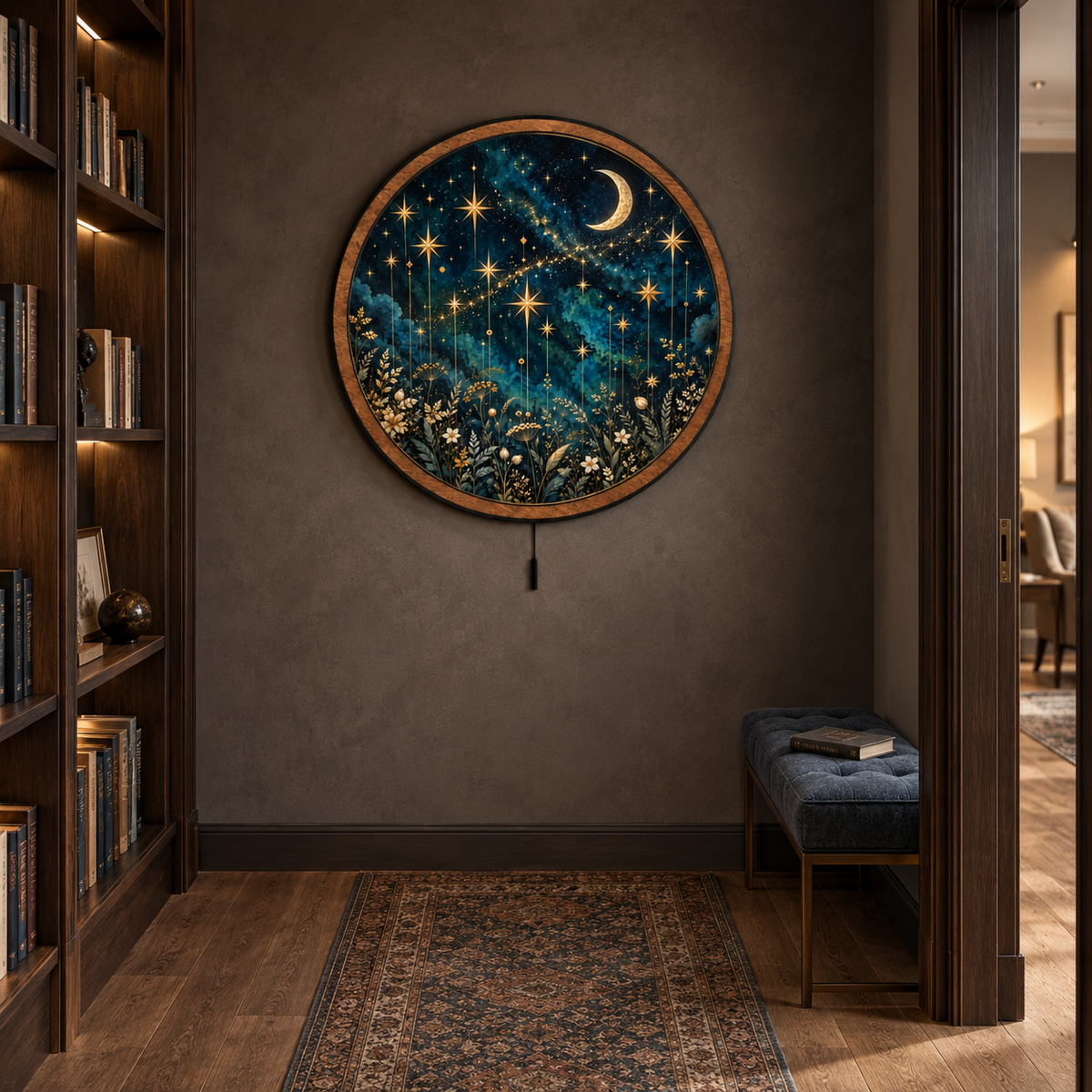 Celestial Wildflower – Golden Moon & Stars LED Wall Art