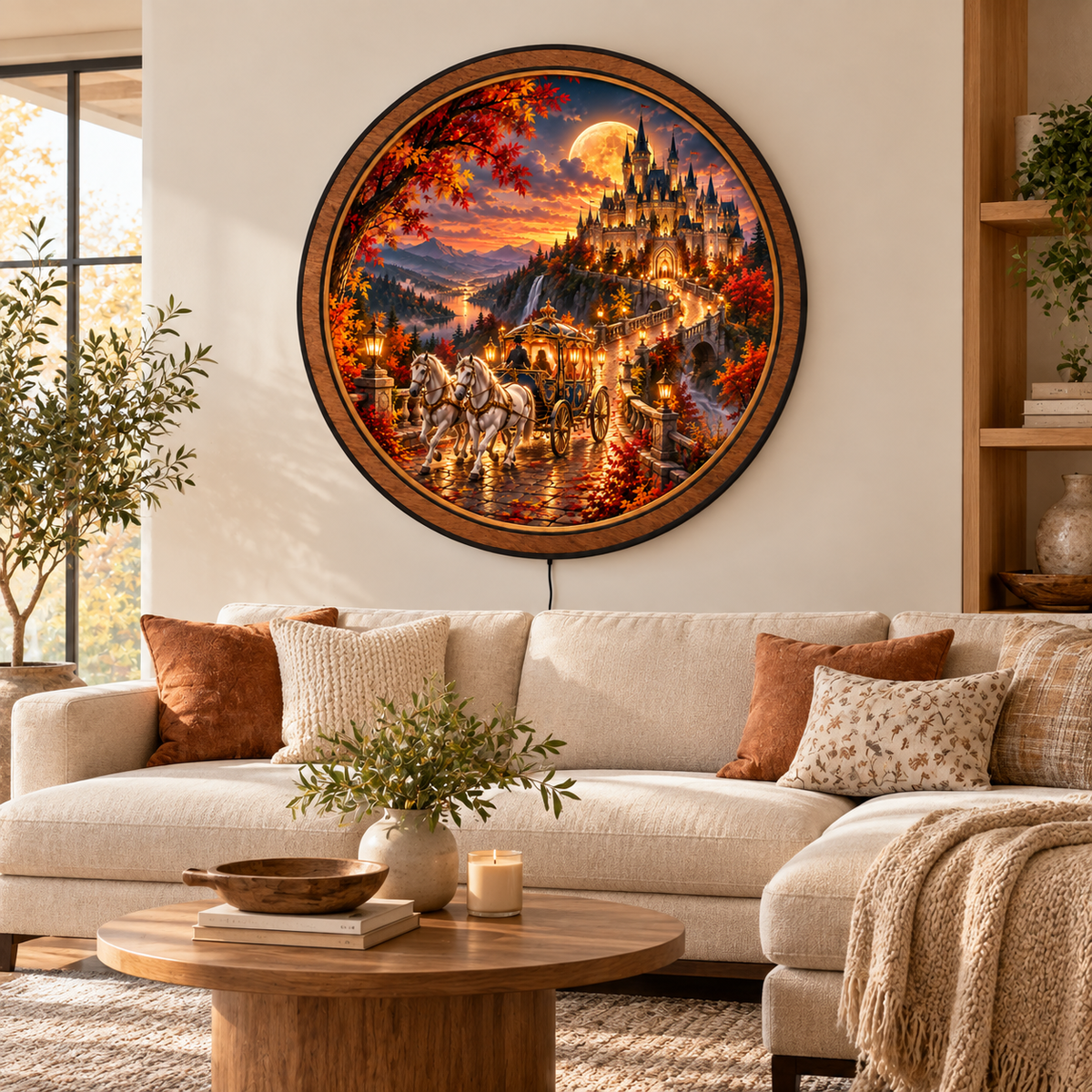 Moonlit Carriage Castle Circular LED Wall Art