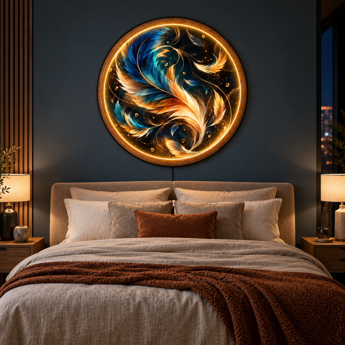 Ethereal Feathers LED Wall Art – Blue & Gold Luxury Decor