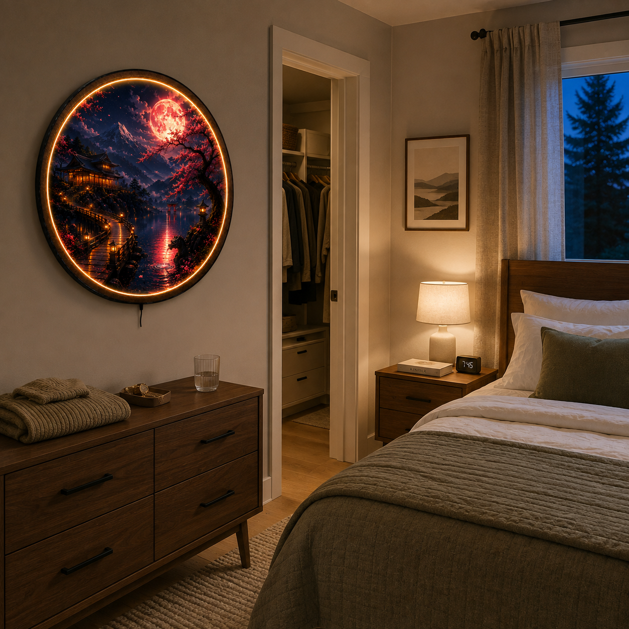 Sakura Moon – Crimson Reflection LED Wall Art