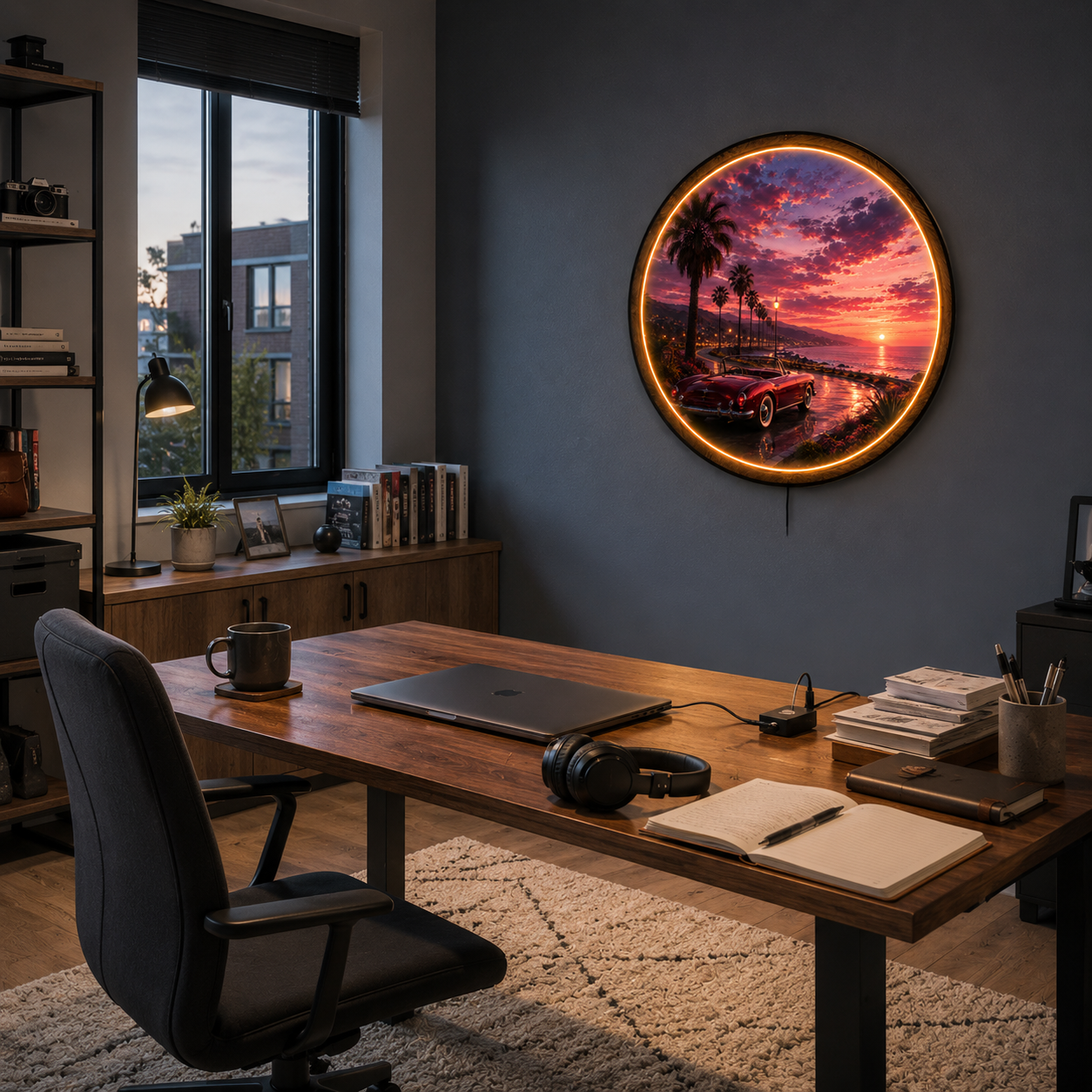 Pacific Sunset Drive LED Wall Art – Classic Car Coastal Decor