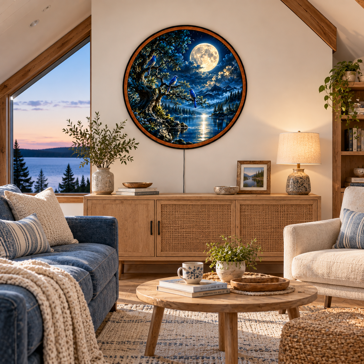Moonlit Bluebirds – Handcrafted Round LED Wall Art