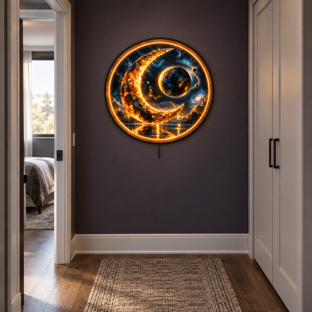 Ember Crescent LED Wall Art – Celestial Moon & Galaxy Decor