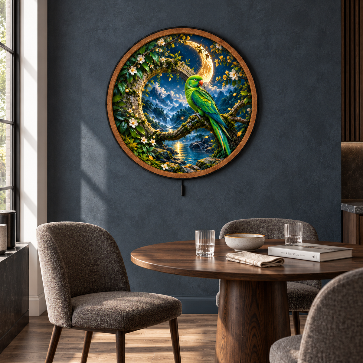 Emerald Moon Parrot LED Wall Art – Tropical Bird & Moon Decor