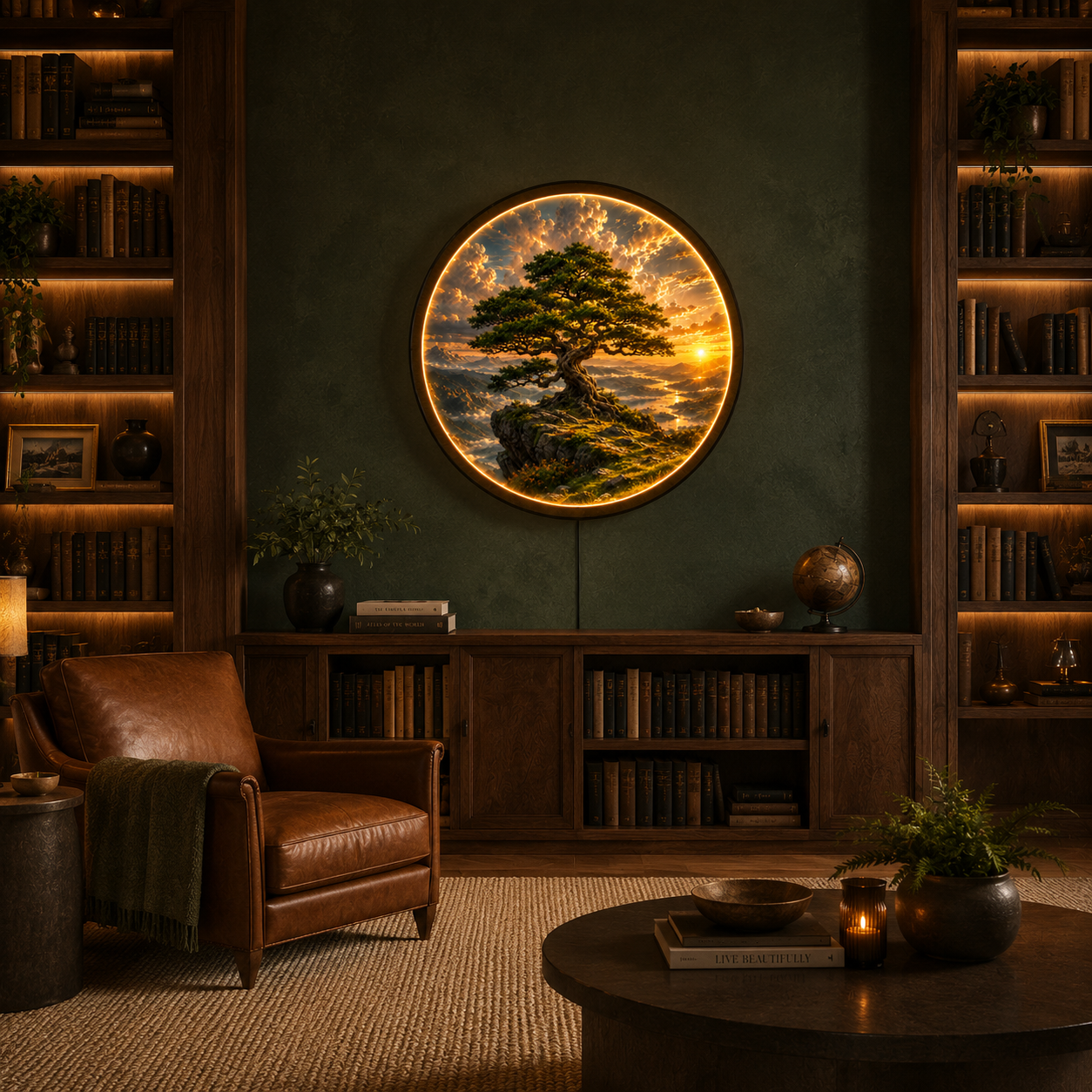 Ancient Bonsai Sunset LED Wall Art – Illuminated Nature Acrylic Decor