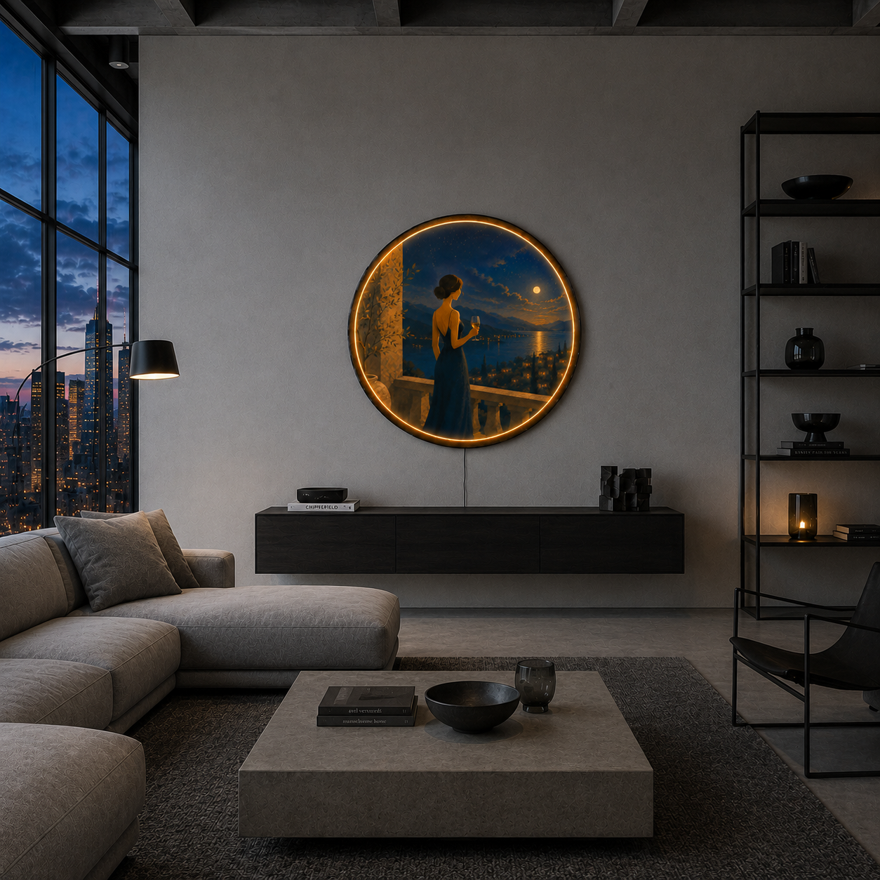 Moonlit Lake Balcony LED Wall Art – Elegant Night View Acrylic Decor