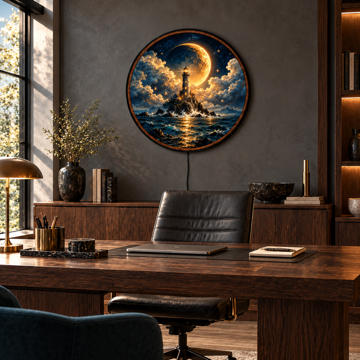Beacon – Handcrafted LED Wall Art | Golden Moon Lighthouse Ocean Decor