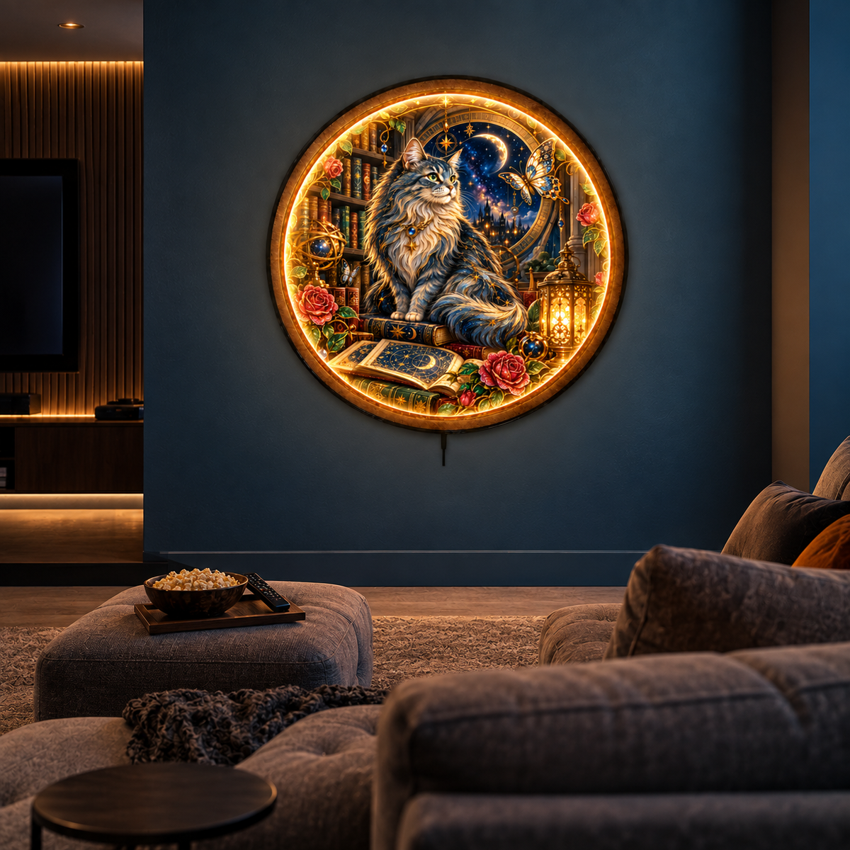 Celestial Cat LED Wall Art – Moonlit Library Fantasy Decor