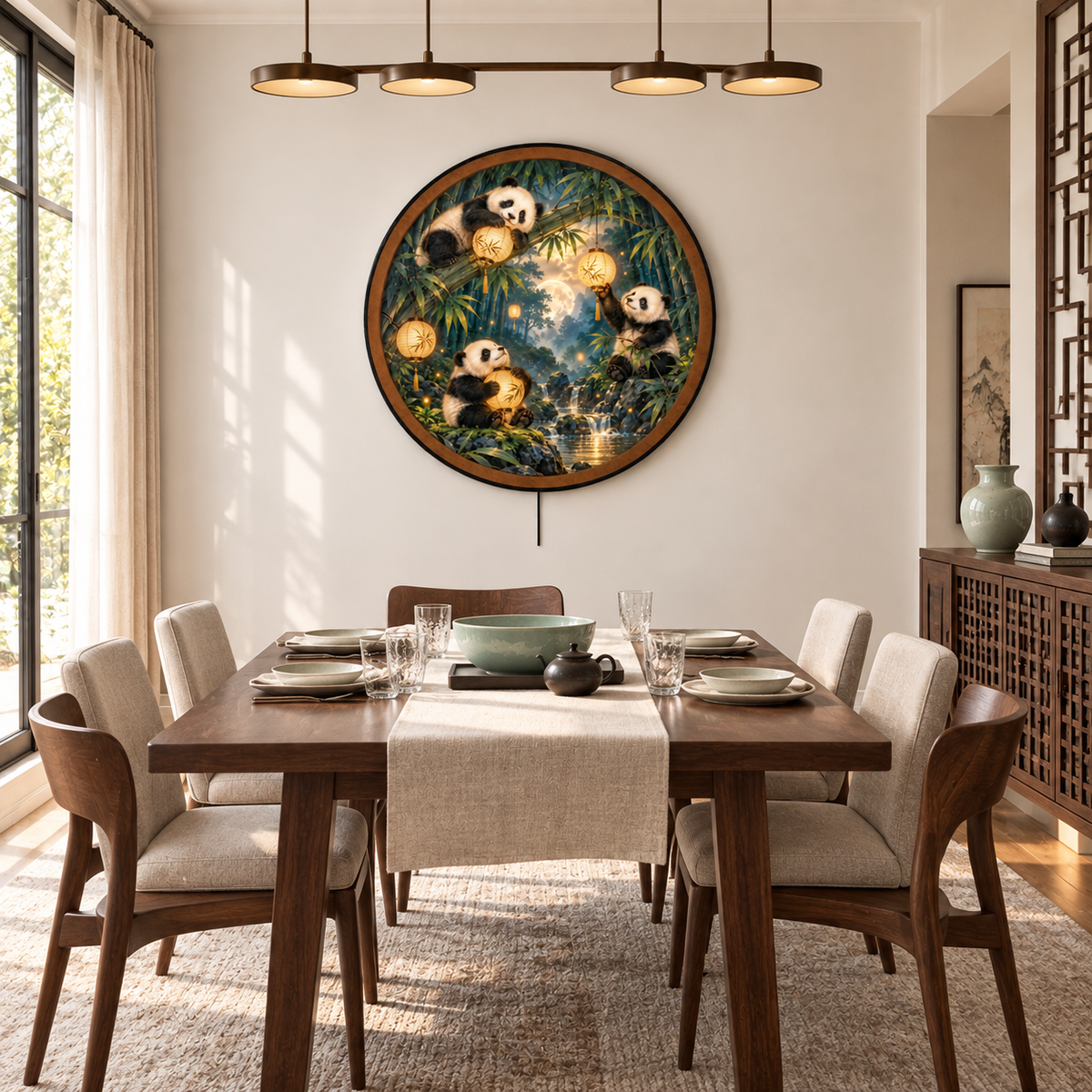 Panda Lantern Sanctuary – Golden Bamboo LED Wall Art