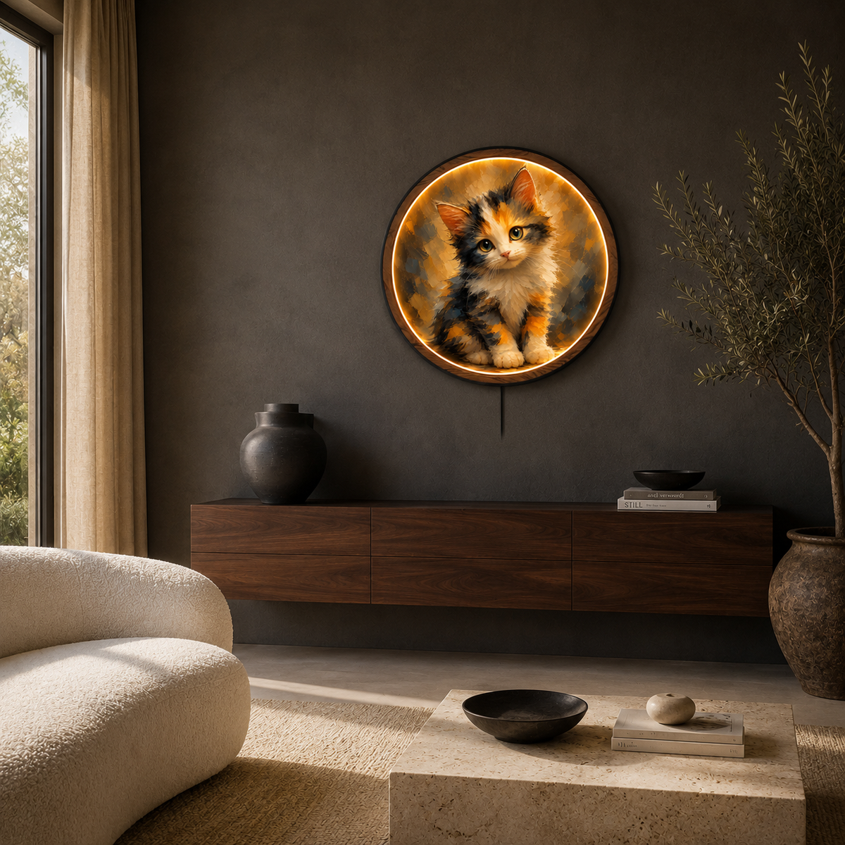 Cute Calico Kitten LED Wall Art Light – Round Acrylic Decor with Wooden Frame