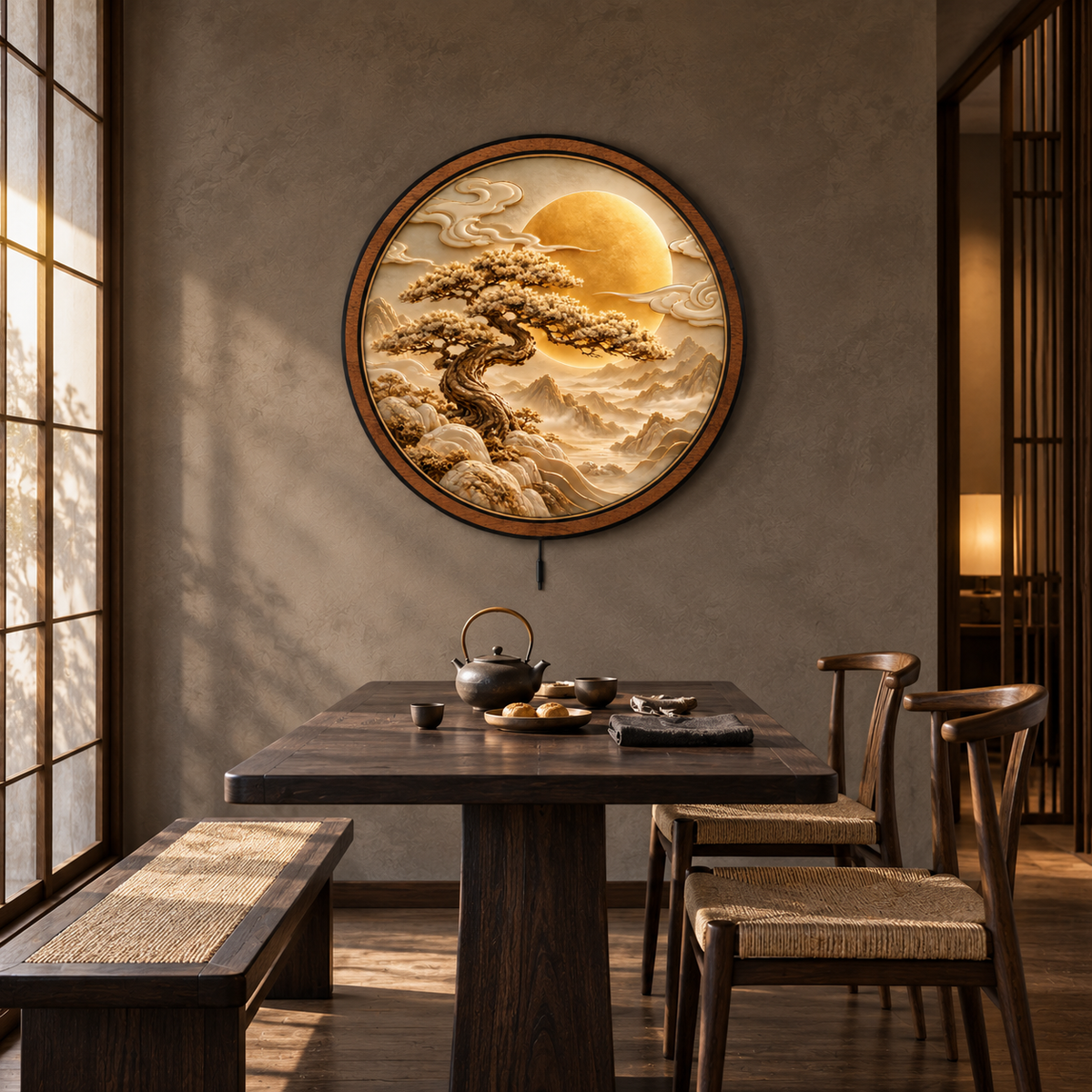 Golden Serenity Pine LED Wall Art – Moonlit Mountain Landscape