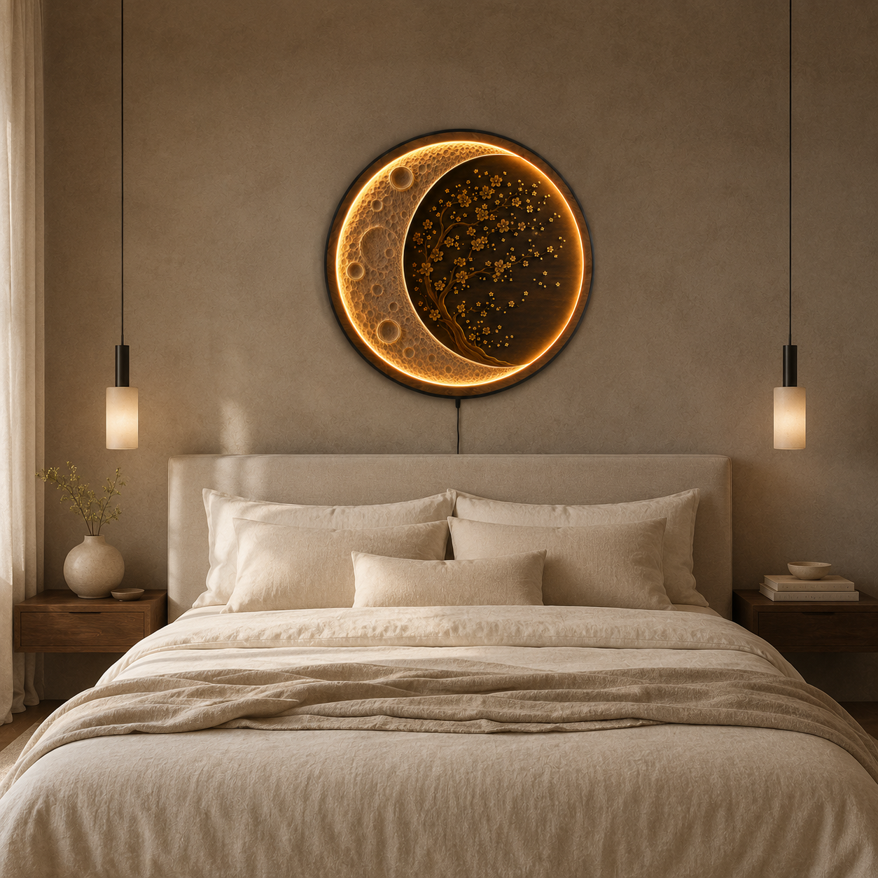 Moon Blossom LED Wall Art | Round Illuminated Moon & Cherry Blossom Wall Decor with Remote | Warm Ambient Light