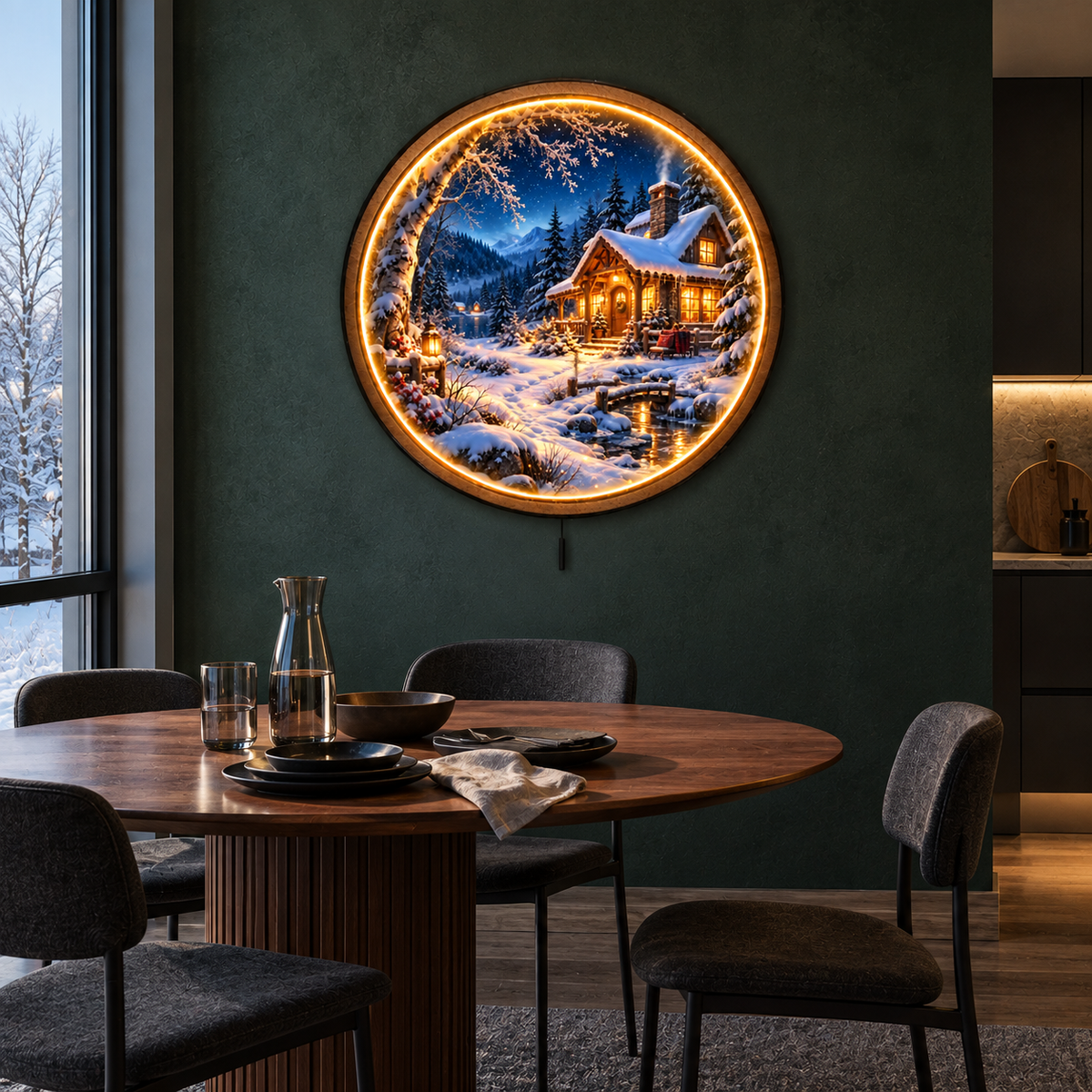 Winter Cabin Glow LED Wall Art – Cozy Snowy Mountain Retreat