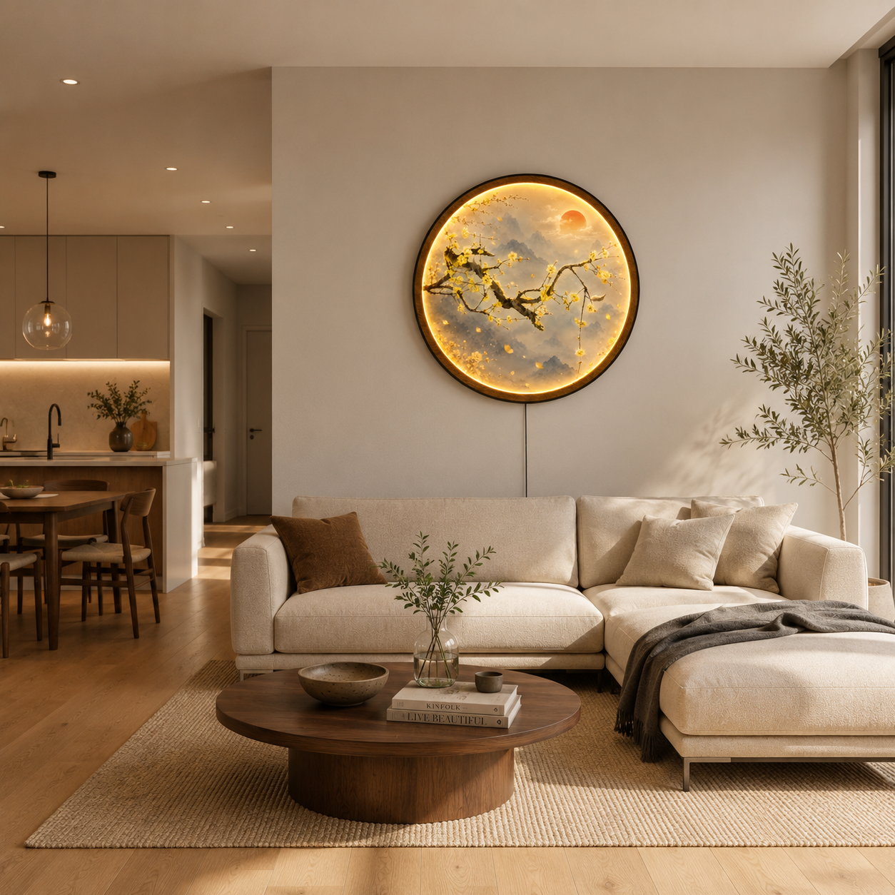 Golden Plum Blossom Mountain LED Wall Art – Round Illuminated Nature Decor