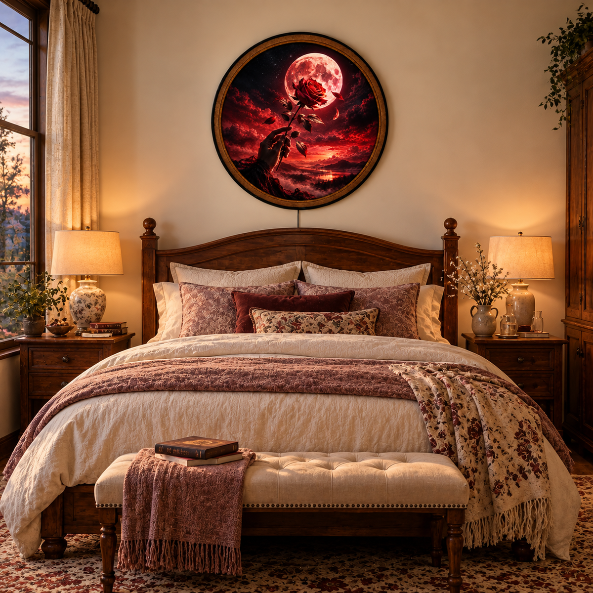 Handcrafted Red Rose Moon LED Wall Art – Romantic Crimson Full Moon, Gothic Floral Fantasy