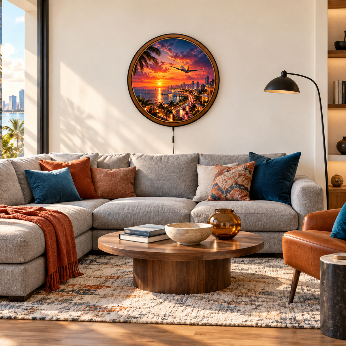 Tropical Skyline Flight Sunset Circular LED Wall Art