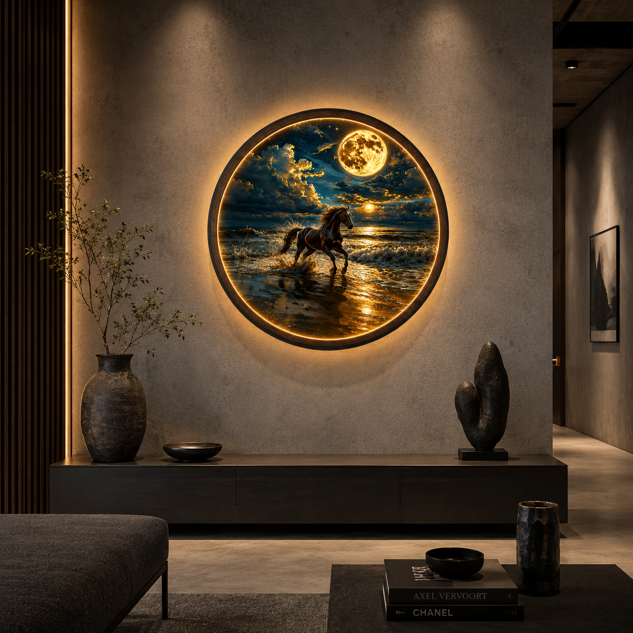 Wood Carved Horse Moonlit Beach LED Wall Lamp | Galloping Horse Night Light Wall Art