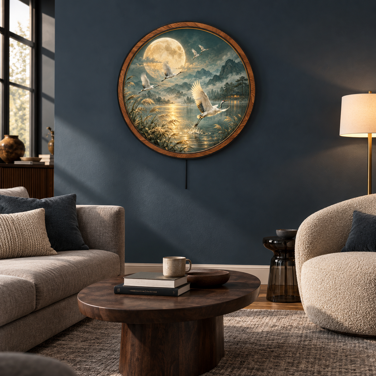Moonlit Cranes – Golden Serenity LED Wall Art