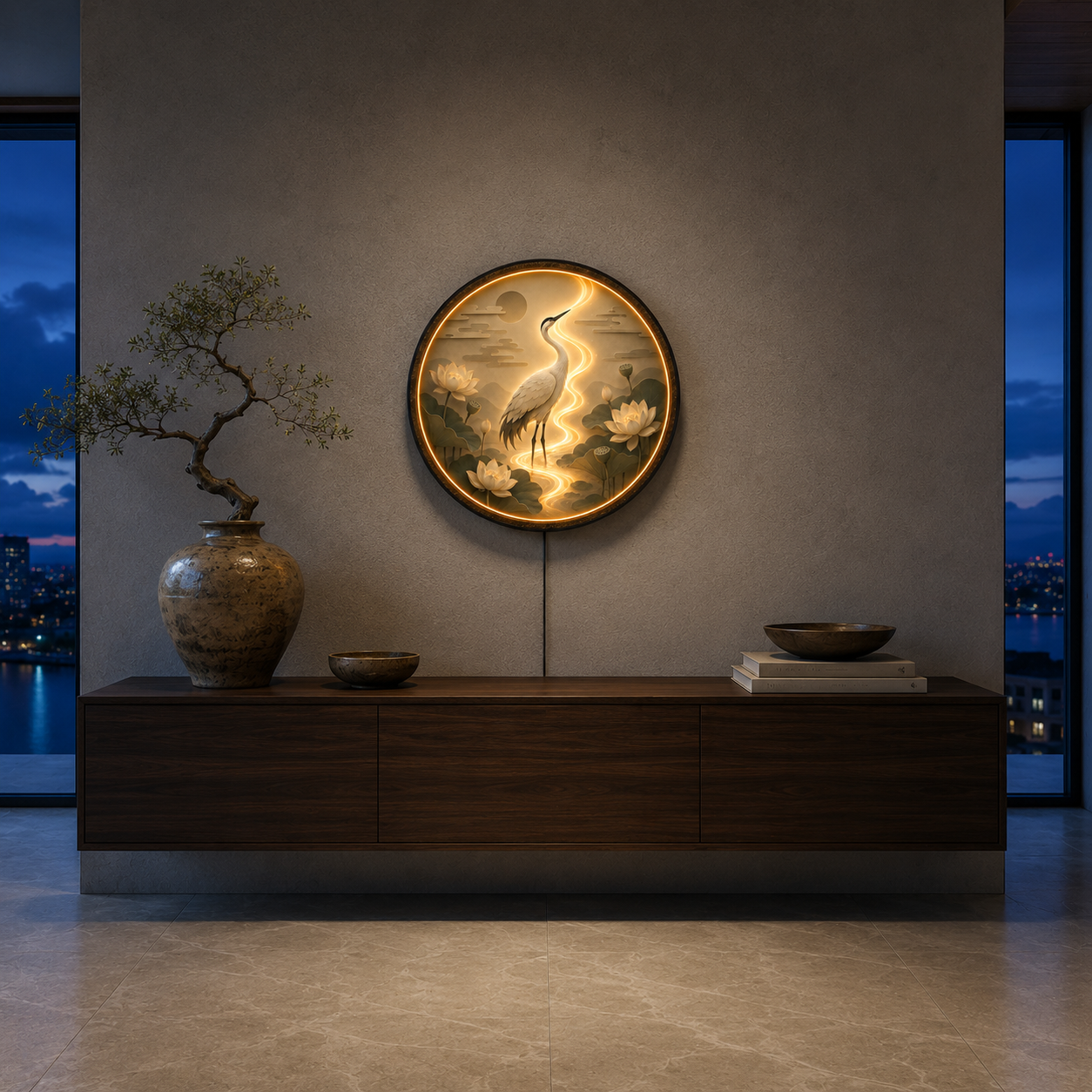 Lotus Serenity Crane LED Wall Art – Round Zen Wooden Light Decor