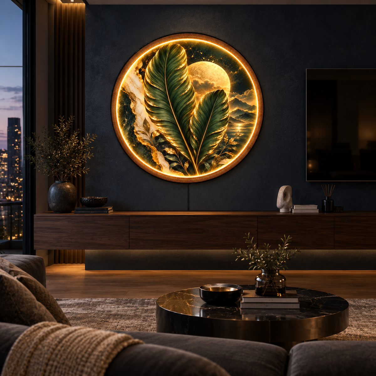 Golden Botanical Moon LED Wall Art – Luxury Leaf Wall Decor