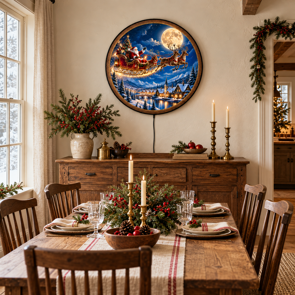Handcrafted Santa Claus LED Wall Art – Flying Reindeer Sleigh & Magical Christmas Eve