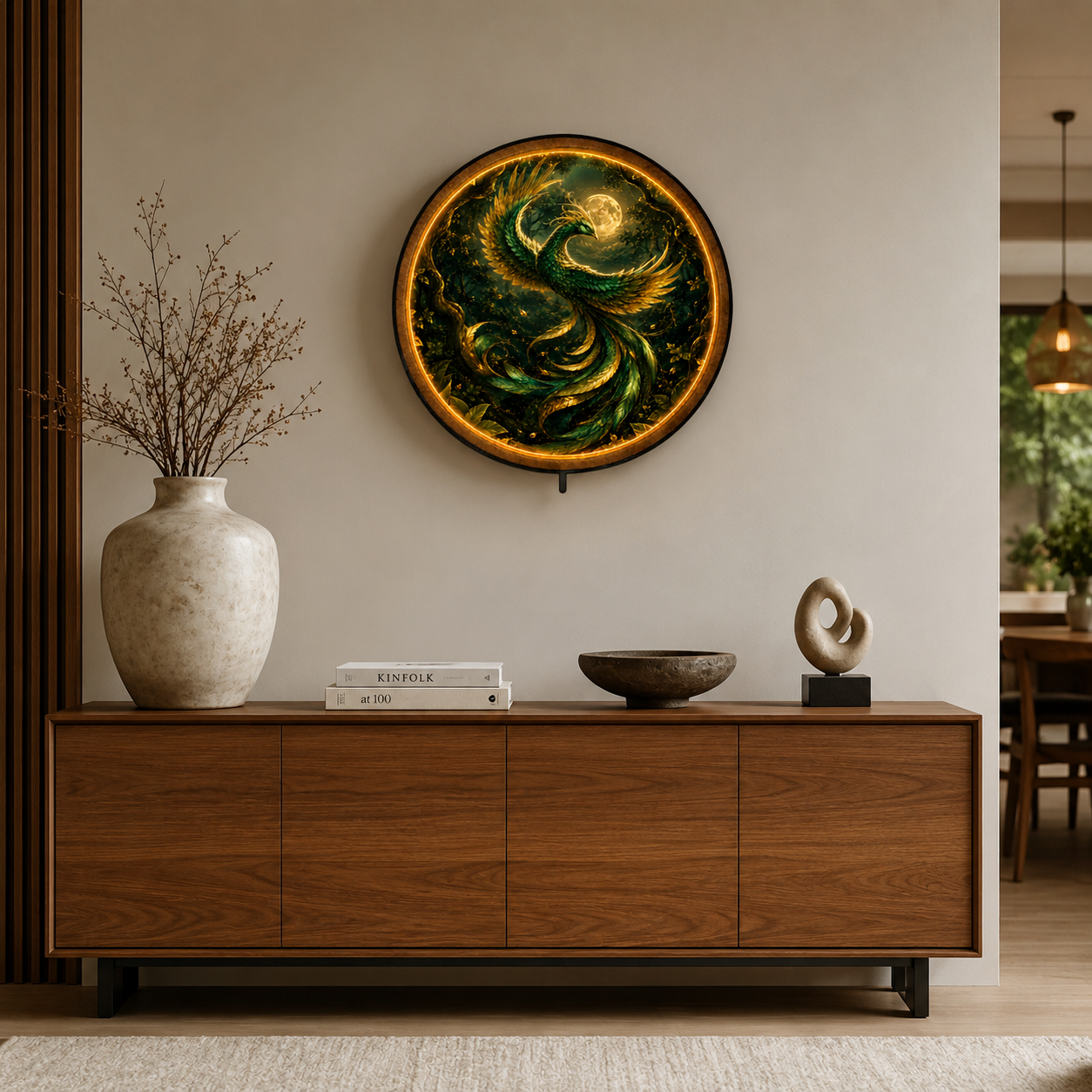 Emerald Phoenix Moon LED Wall Art – Illuminated Fantasy Decor