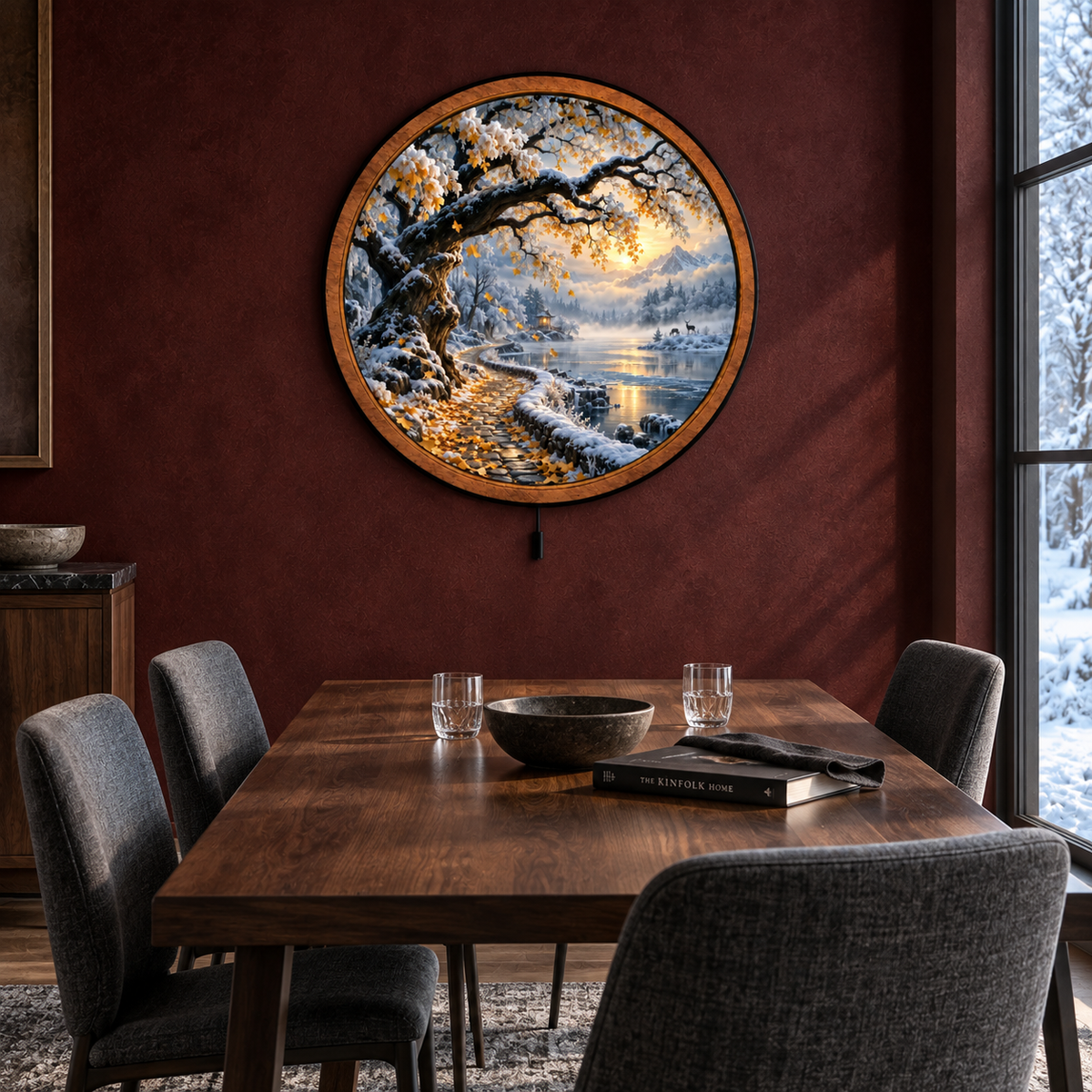 Golden Winter Path LED Wall Art – Snowy Mountain Lake Landscape Decor