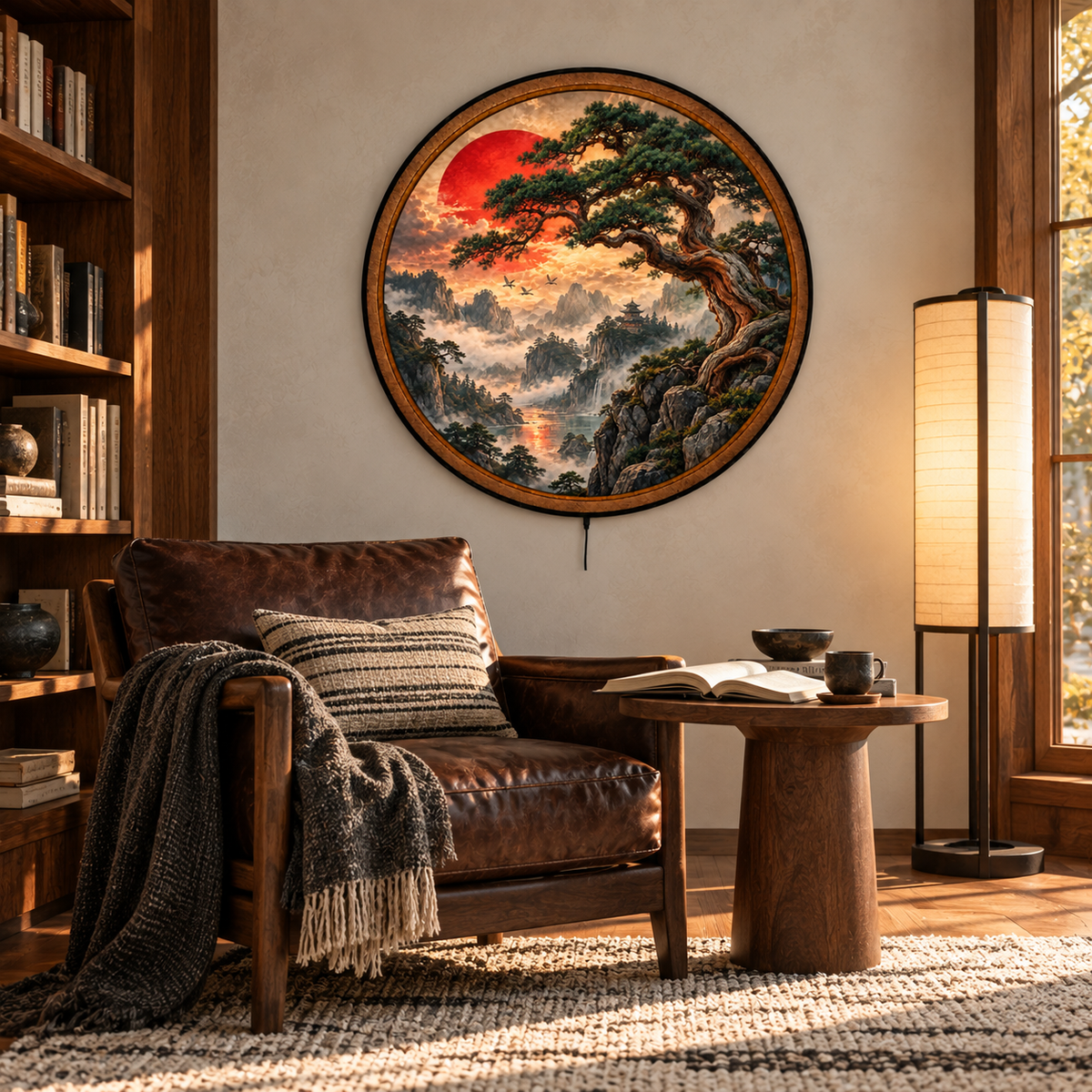 Crimson Sun – Ancient Pine Mountain LED Wall Art