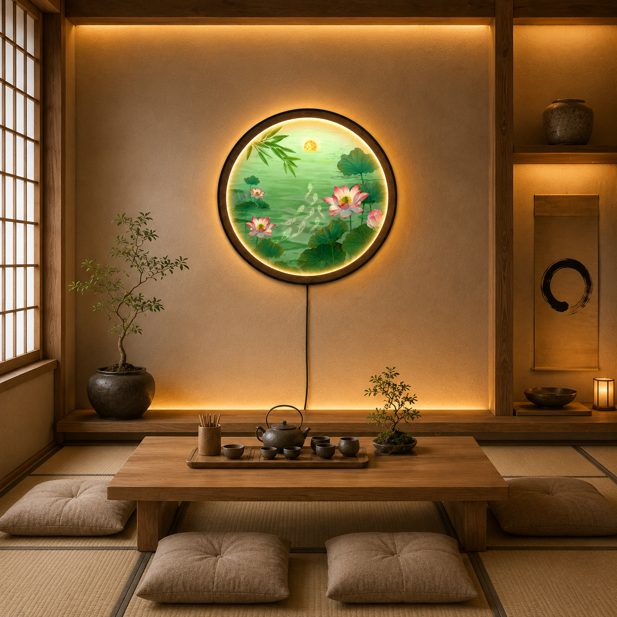 Pink Lotus Pond LED Wall Art - Koi Fish & Moon Round Wall Decor with Backlight