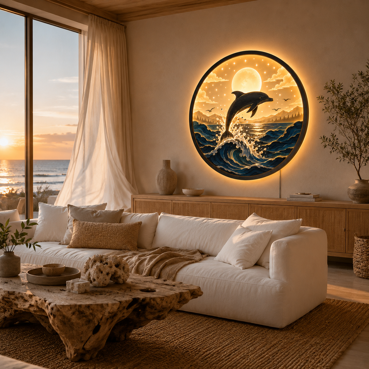 Wood Carved Dolphin Ocean Wave LED Wall Lamp | Handmade Night Light Wall Art