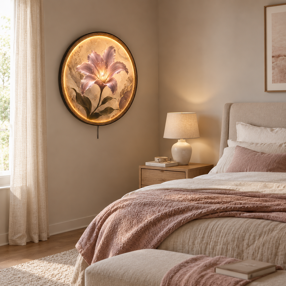 Pearl Bloom LED Wall Art – Blush Floral Round Wall Decor