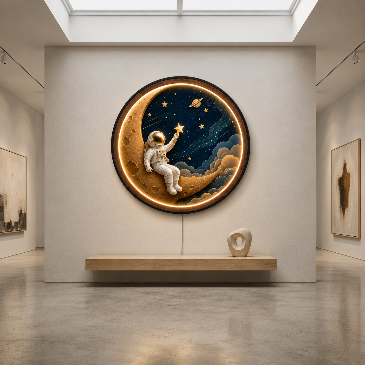 Dream Explorer LED Wall Art | Astronaut on Crescent Moon Round Illuminated Wall Decor | Warm LED Ambient Light