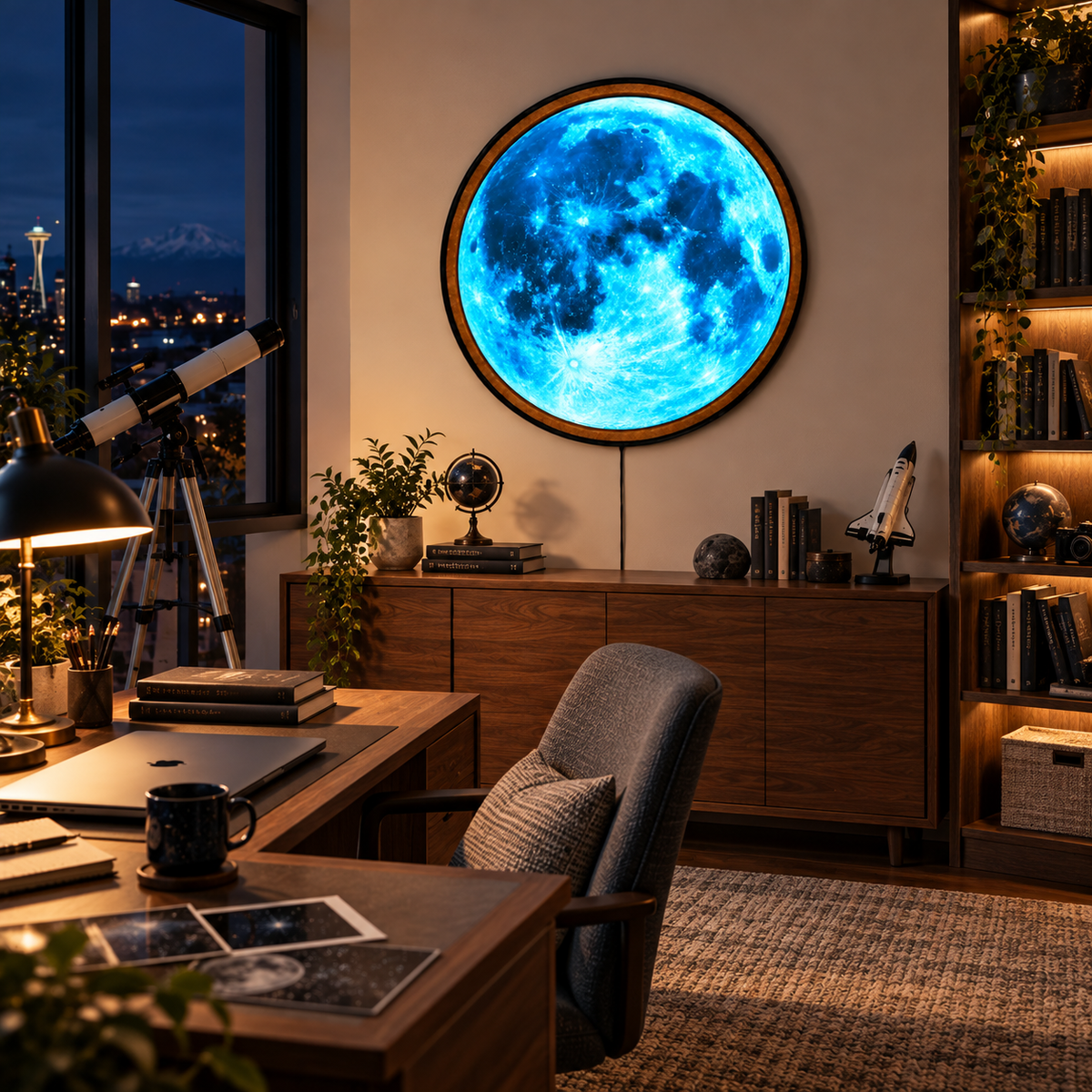 Electric Blue Moon – Handcrafted Round LED Wall Art