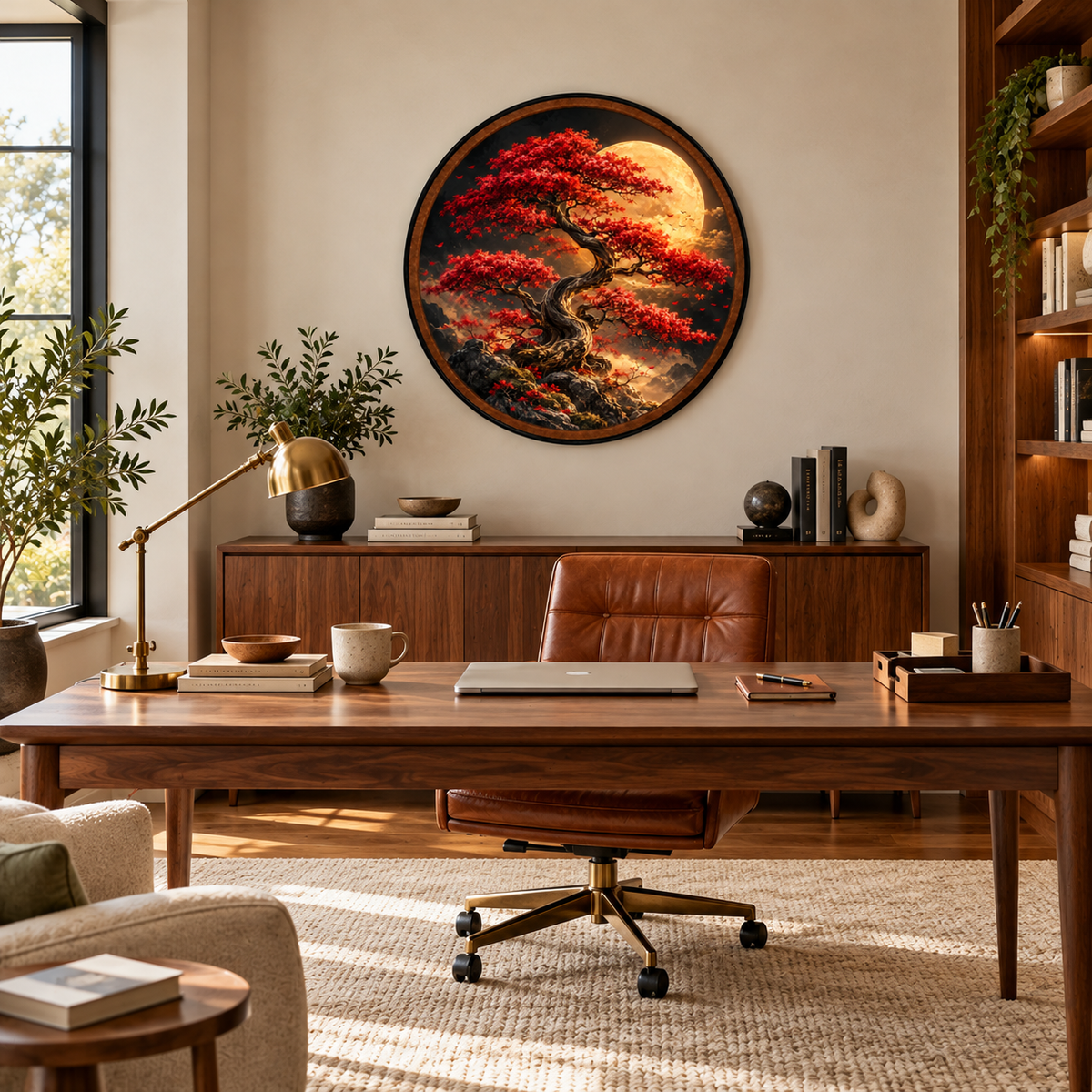Red Japanese Maple Tree & Golden Moon – Handcrafted LED Wall Art