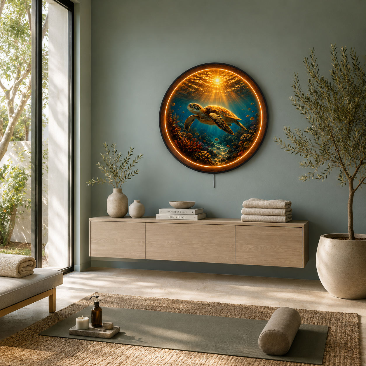 Ocean Sea Turtle LED Wall Art – Coastal Sunset Round Illuminated Decor