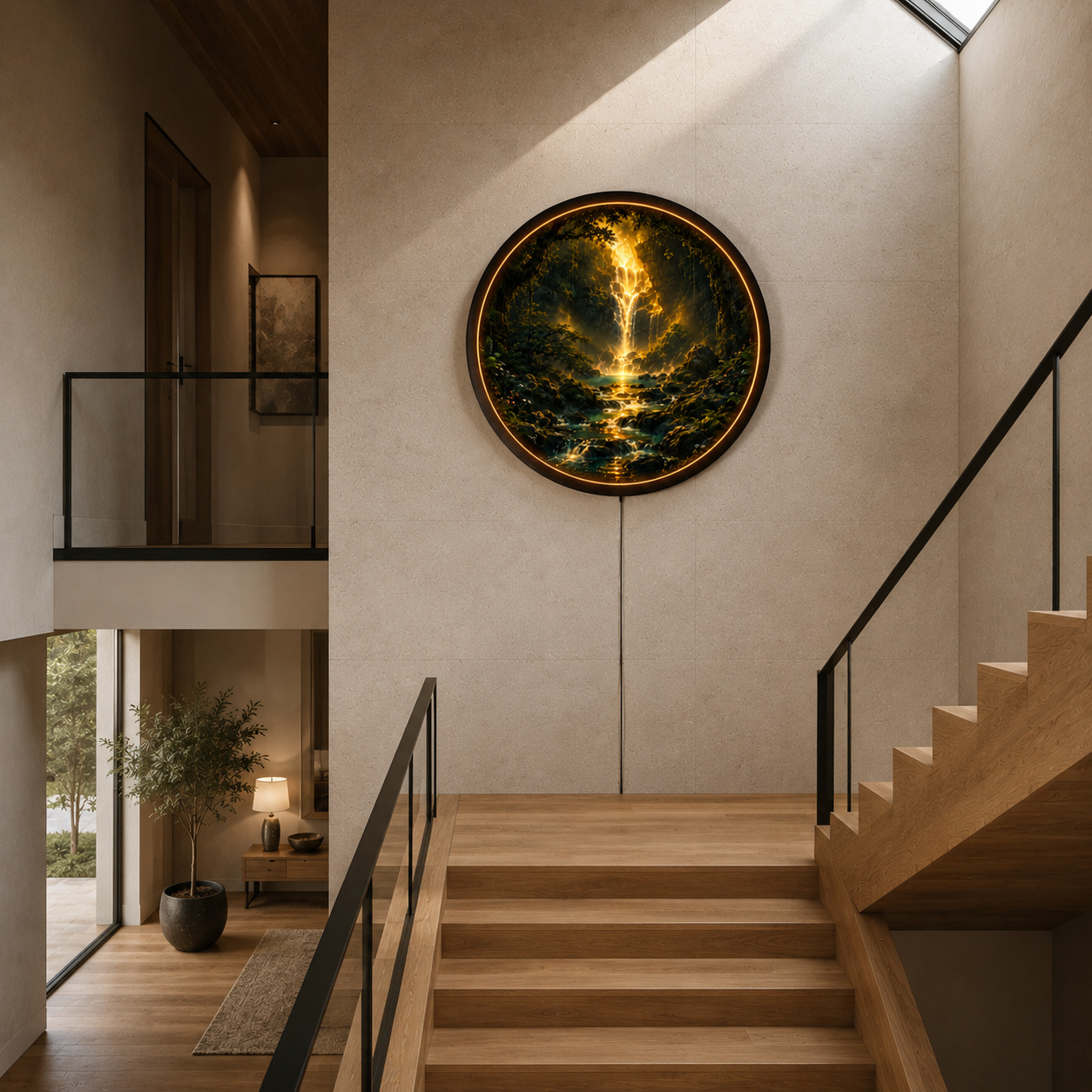 Golden Forest Waterfall LED Wall Art – Round Illuminated Wooden Wall Decor