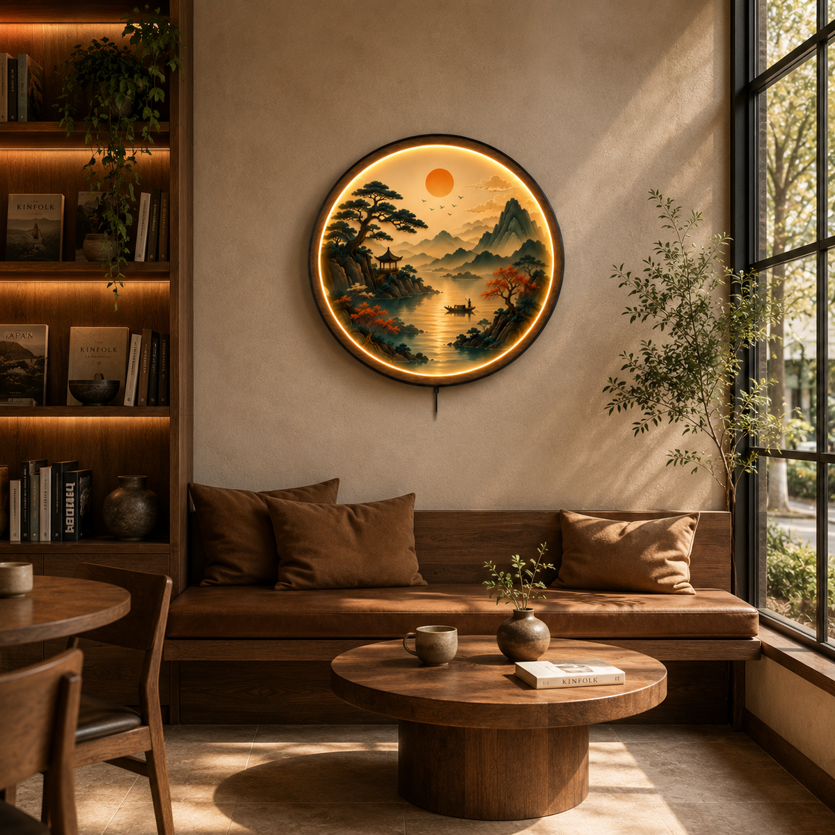 Eastern Serenity LED Wall Art | Tranquil Mountain & Lake Landscape Round Illuminated Wall Decor | Warm LED Ambient Light