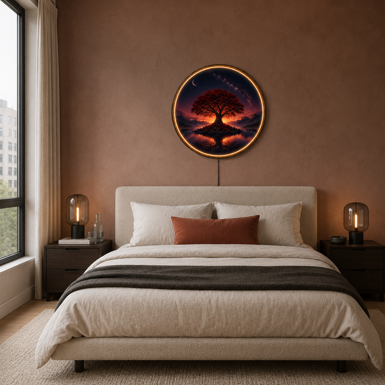 Crimson Celestial Tree LED Wall Art – Mystical Nightscape