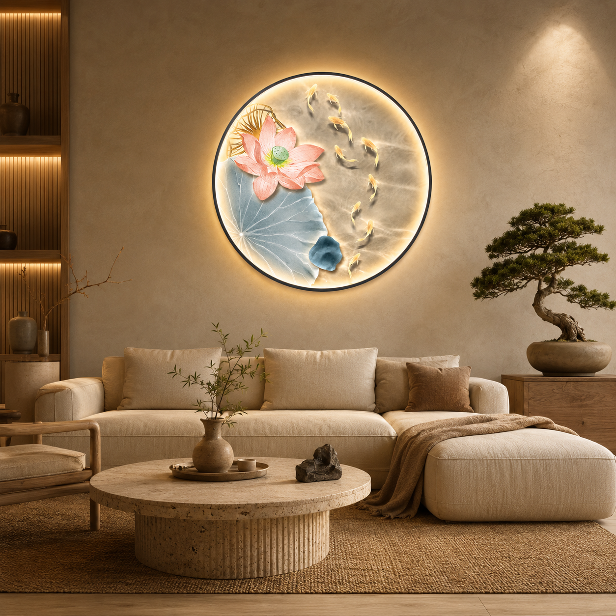 Round LED Wall Art – Lotus & Koi Fish Illuminated Canvas, New Chinese Style Backlit Wall Decor