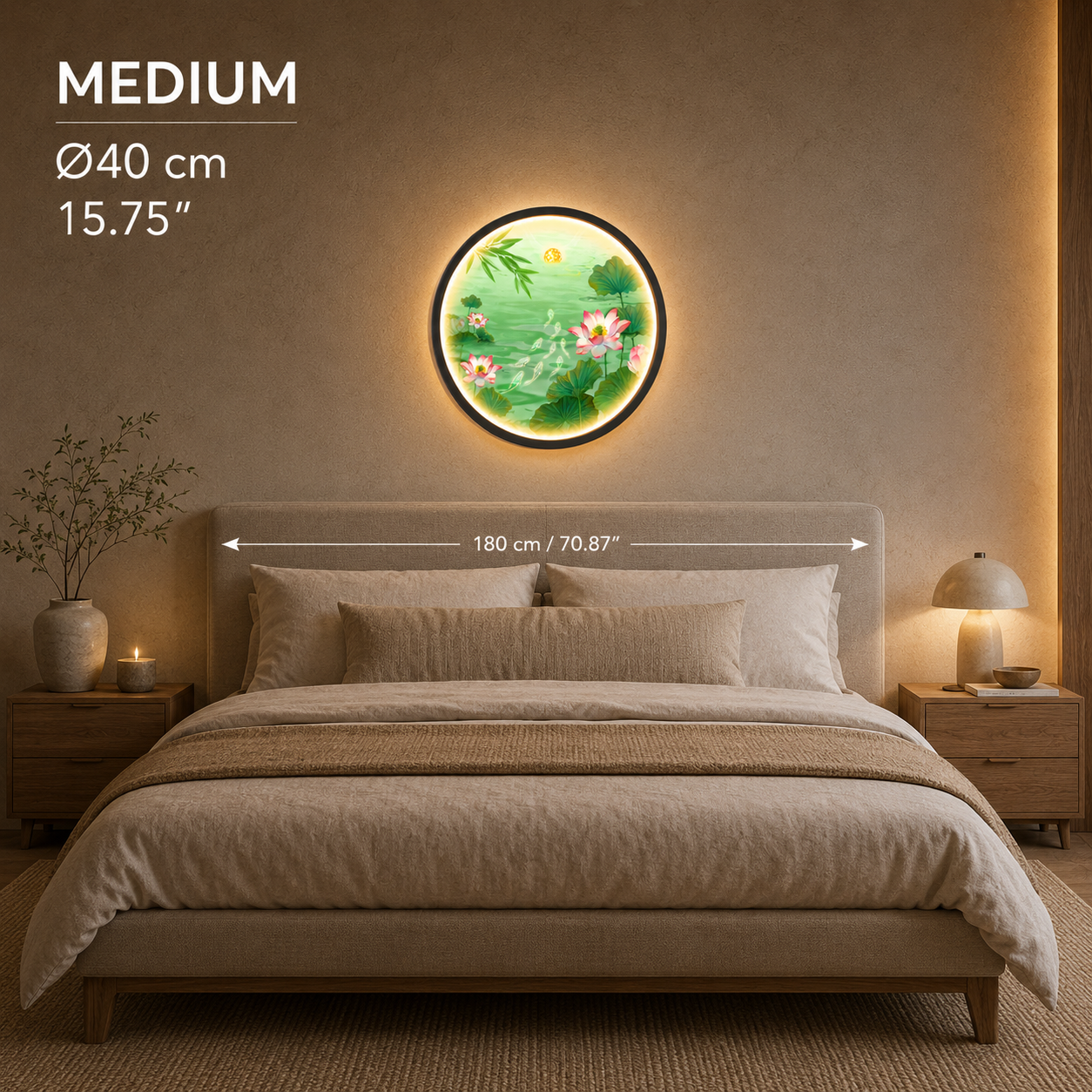 Pink Lotus Pond LED Wall Art - Koi Fish & Moon Round Wall Decor with Backlight