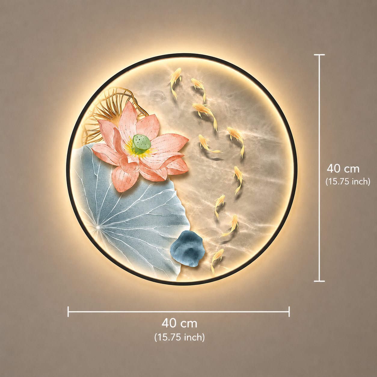 Round LED Wall Art – Lotus & Koi Fish Illuminated Canvas, New Chinese Style Backlit Wall Decor