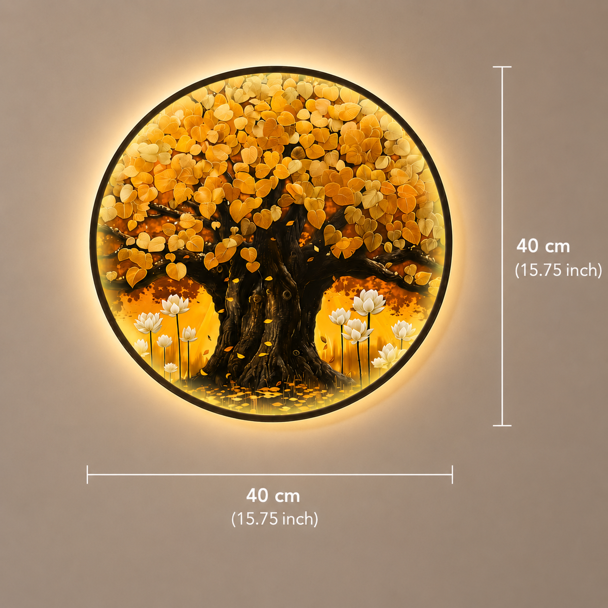 Golden Tree of Life LED Wall Art - Round Wooden Wall Decor with Lotus Flowers & Backlit LED